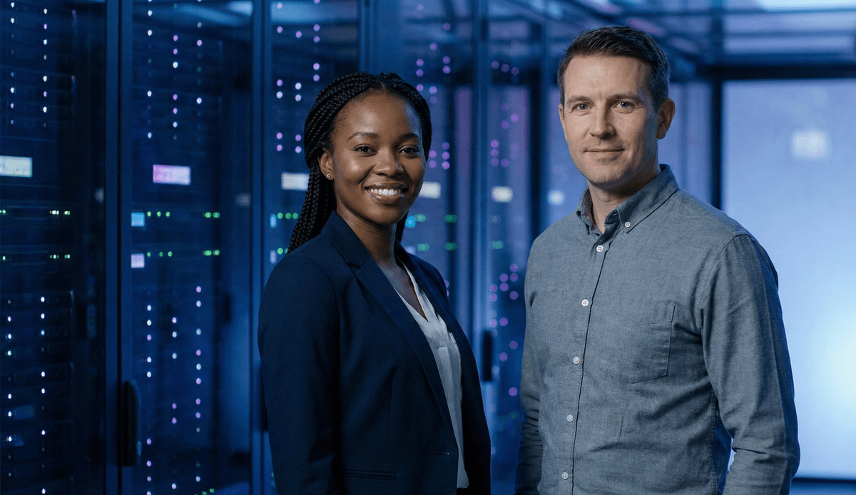 Two professionals smiling in a modern data center